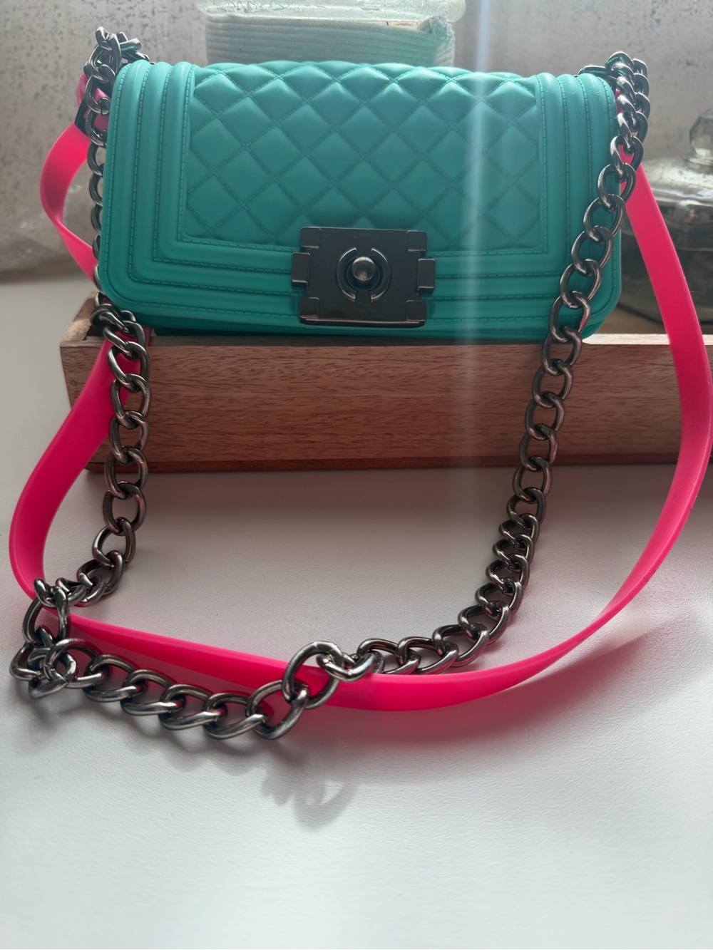 American Jewel Danielle Boy Bag Quilted Teal Crossbody with Neon Pink Strap